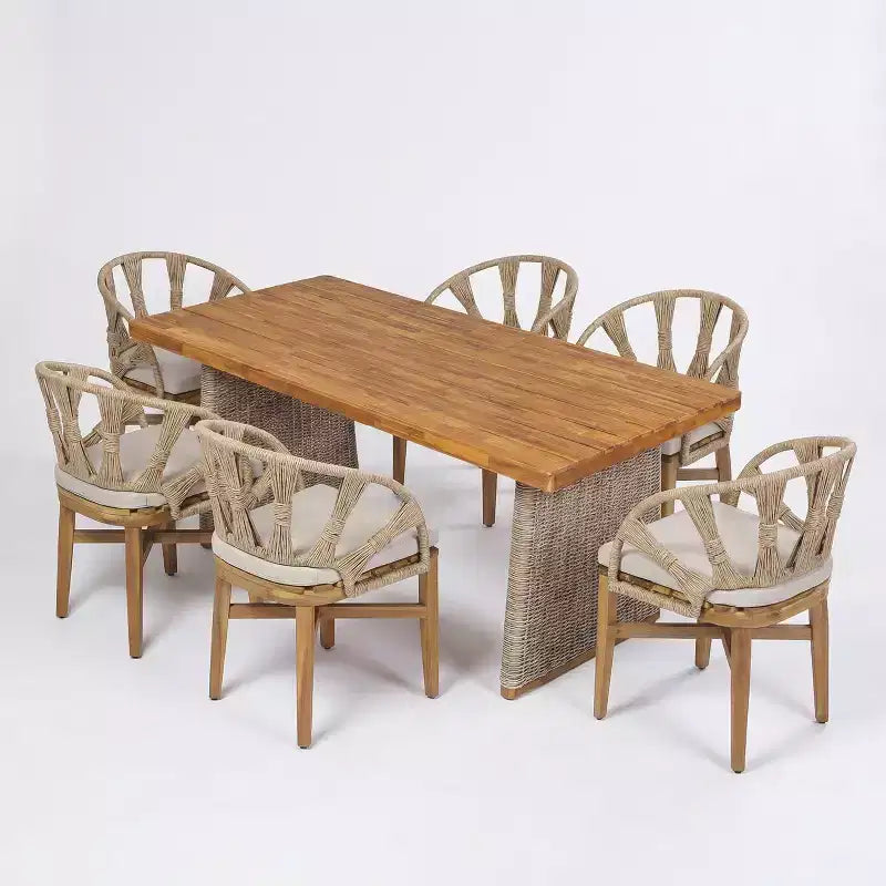 Christopher Knight Home Ferb 7-teiliges Boho-Gartenmöbelset aus Akazienholz und Korbgeflecht mit Sitzkissen