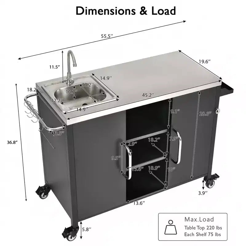 55,5 Zoll Outdoor-Kücheninsel mit Spüle, Edelstahl-Vorbereitungstisch mit Gewürzregal und feststellbaren Rollen, Grillwagenstation, Schwarz – ModernLuxe