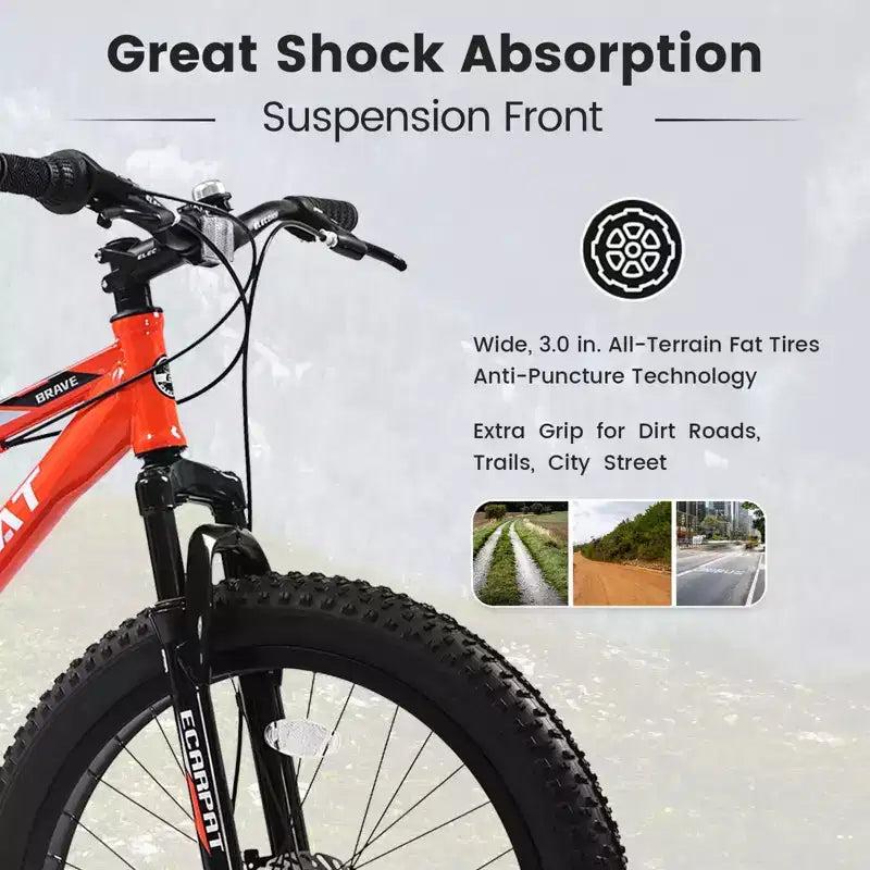 NAYSAYE 24 Zoll Fatbike Mountainbike mit 7-Gang-Schaltung und doppelten Scheibenbremsen für Erwachsene und Jugendliche, Orange, 67*25*40