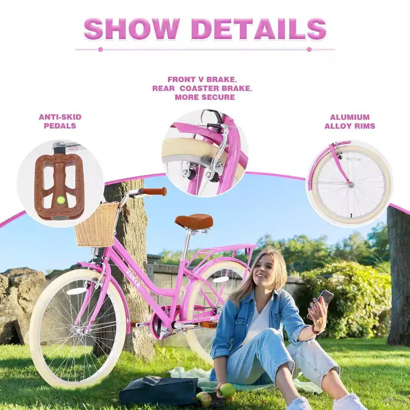 NAYSAYE 24 Zoll Mädchen-Cruiser-Fahrrad, Speed-Hybrid-Citybike für Jugendliche von 7-10+ Jahren mit Weidenkorb & Gepäckträger, Kinderfahrrad
