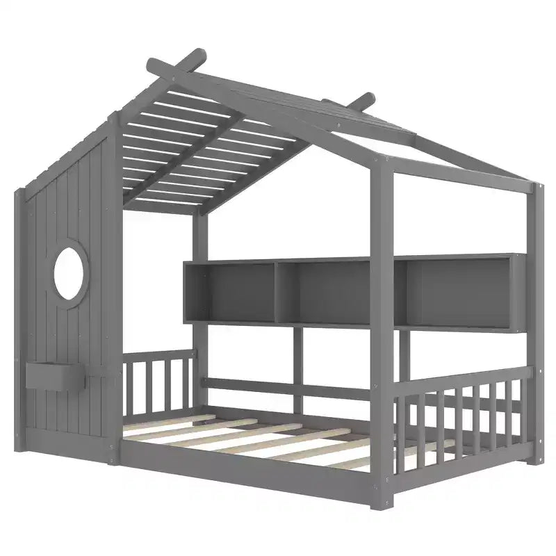 Bodenbett für Kinder in Twin-Größe, Montessori-Hausbett mit Ablagefach und Dachdesign