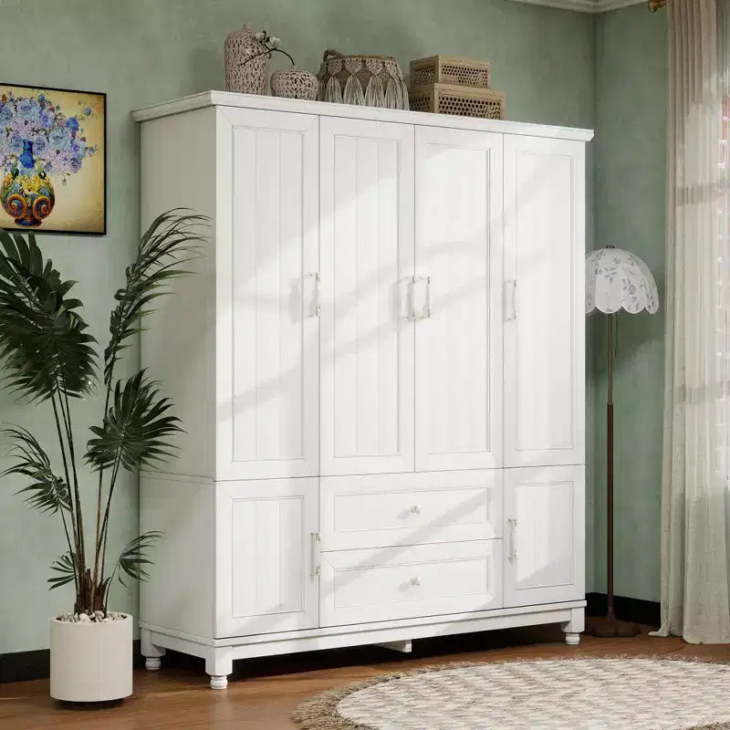 Weiße Holz-Kleiderschrank, 156 cm, mit 2 Schubladen, Kleiderstange und Einlegeböden
