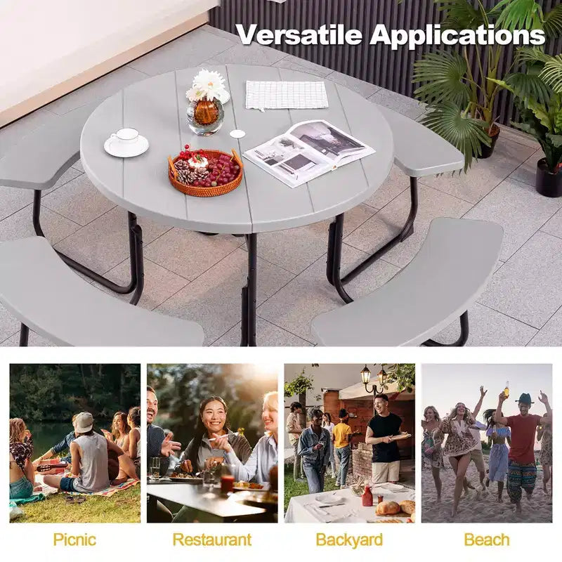 Costway Outdoor 8-Personen-Rund-Picknicktisch-Bank-Set mit 4 Bänken & Sonnenschirmloch Schwarz/Grau/Grün/Weiß
