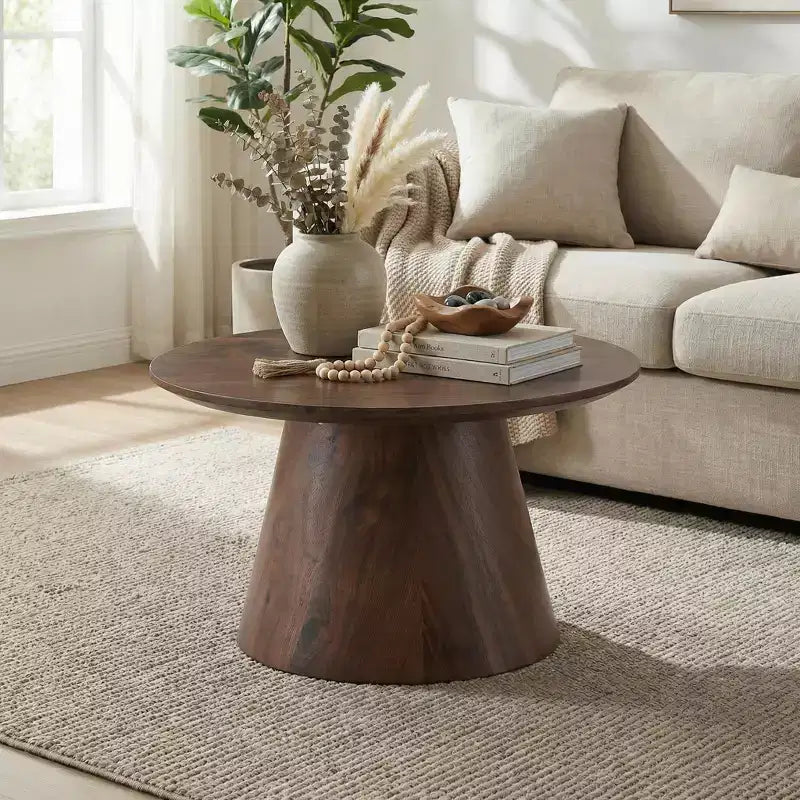 Runder Couchtisch aus MDF mit Walnuss-Holzmaserung, 60 cm Durchmesser, 35 cm Höhe
