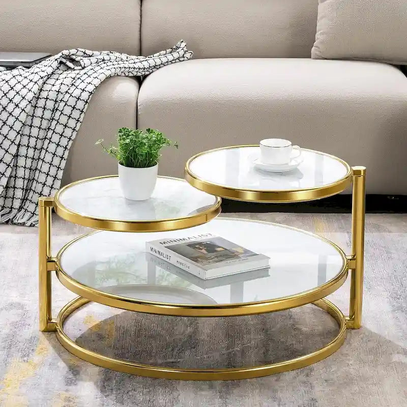 Runder Couchtisch aus gehärtetem Glas mit 3 Ebenen und um 360 Grad drehbarer Tischplatte