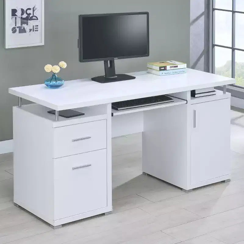55" Holzschreibtisch mit 2 Schubladen, 1 Schrankfach, 1 offenem Ablagefach und Tür für das Homeoffice oder Arbeitszimmer