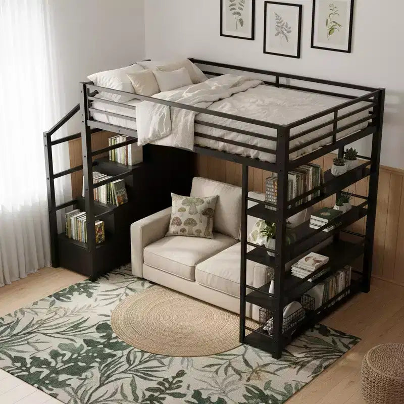 Queen-Size-Metall-Hochbett mit Ablagefächern, Schränken und Kleiderschrank