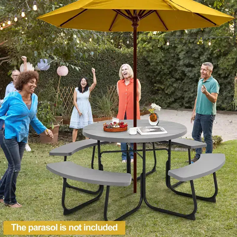 Costway Outdoor 8-Personen-Rund-Picknicktisch-Bank-Set mit 4 Bänken & Sonnenschirmloch Schwarz/Grau/Grün/Weiß