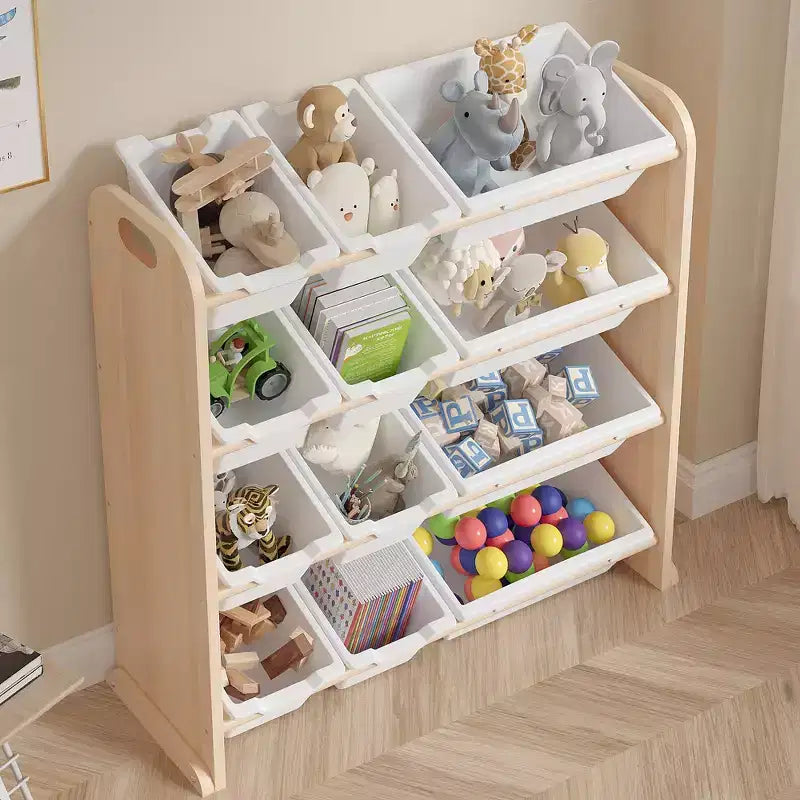 VECELO Kinder-Bücherregal mit Spielzeugaufbewahrung und 12 Körben, Spielzeugregal aus Holz für Kleinkinder, geräumige Spielzimmeraufbewahrung für Bücher oder Spielzeug
