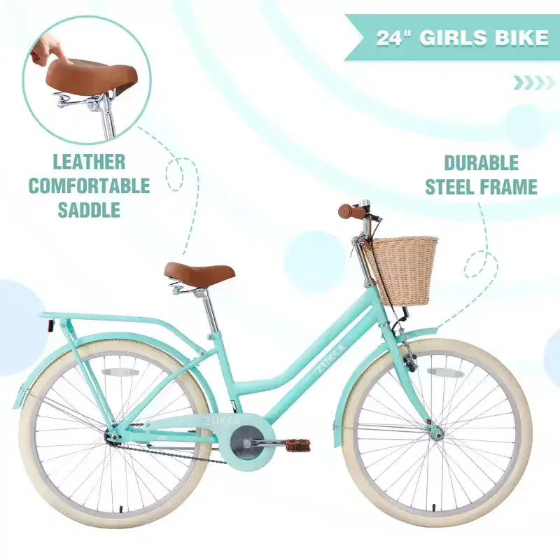 NAYSAYE 24 Zoll Mädchen-Cruiser-Fahrrad, Speed-Hybrid-Citybike für Jugendliche von 7-10+ Jahren mit Weidenkorb & Gepäckträger, Kinderfahrrad