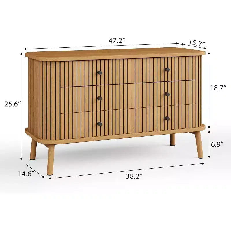 Kommode, horizontaler Schrank mit 6 Schubladen, schwarzen Griffen & Holzbeinen, Naturholz-Optik