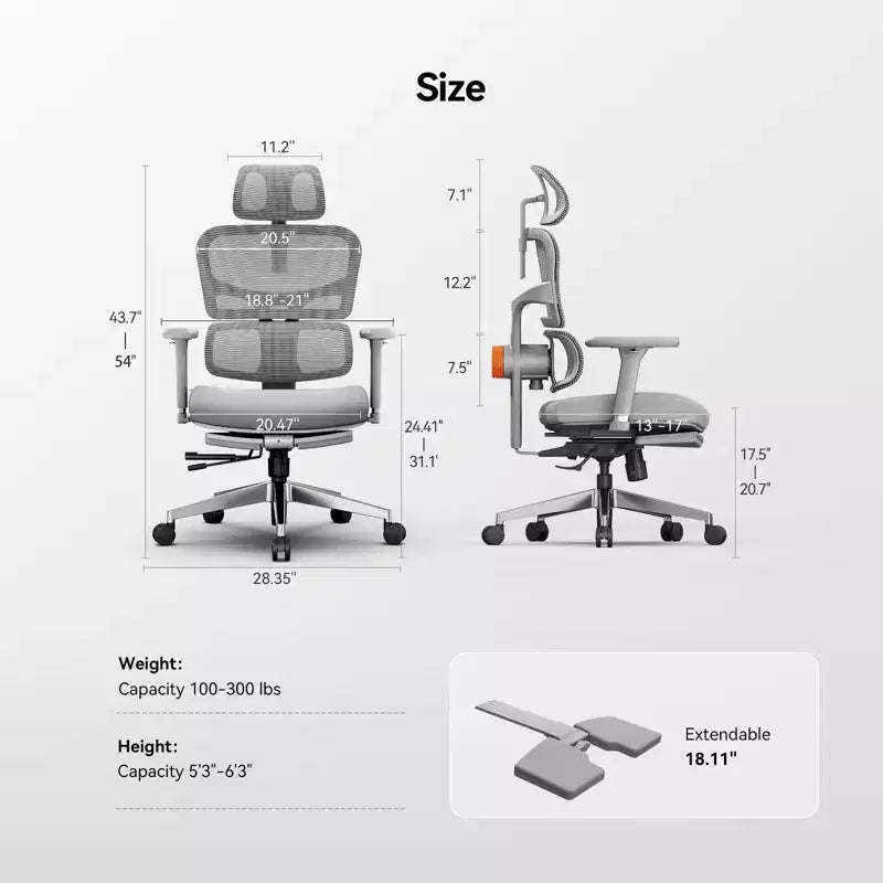 Newtral Ergonomischer Bürostuhl mit Fußstütze - 4D-Armlehnen-Liegestuhl - NT002+LAPD-GRAY