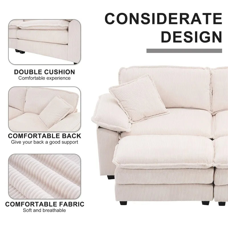 Modernes 2-Sitzer-Sofa aus Cord mit 4 Stützkissen und 2 Hockern