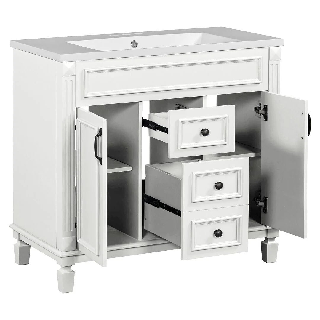 36" Moderner Badezimmer-Waschtisch mit Aufsatzwaschbecken und Spiegelschrank, 2 Türen und 2 Schubladen