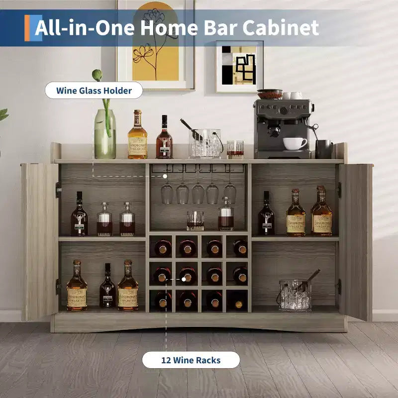 47 Moderner Weinschrank mit 9 Glashaltern, 12 Weinregalen, geriffeltem Design, 2 Türen, Buffet-Sideboard-Aufbewahrung für Ess- & Wohnzimmer