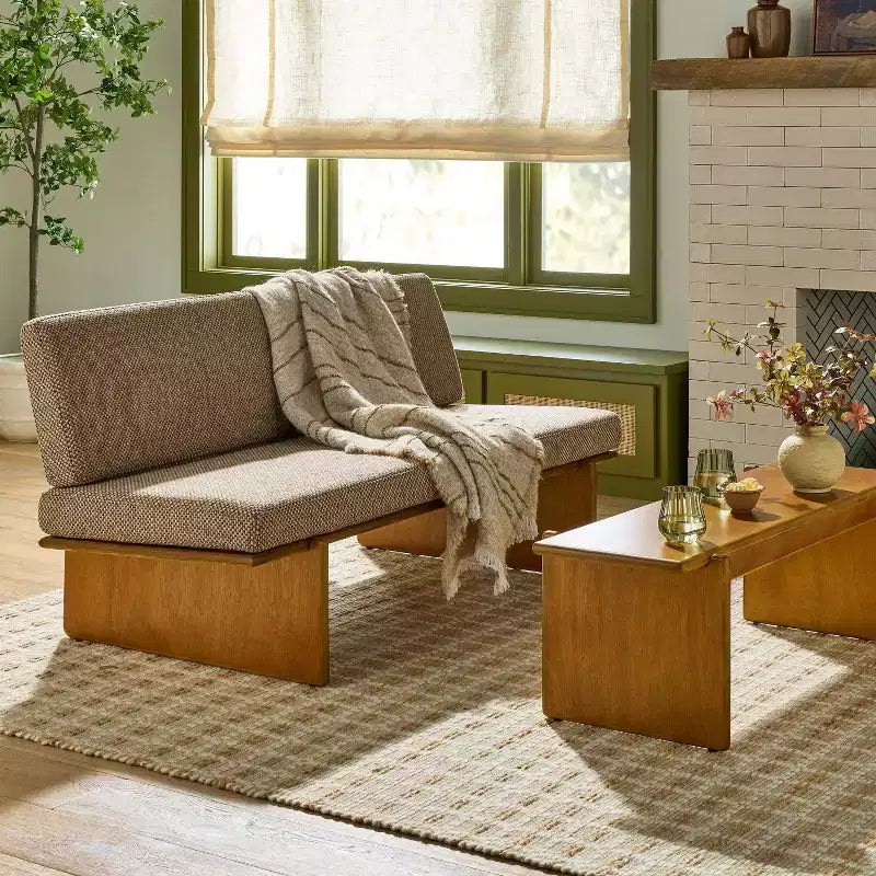 Polsterbank im Mid-Century-Stil mit Pilzgeflecht und Rückenlehne – Hearth & Hand? with Magnolia
