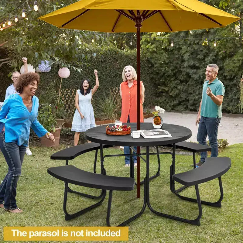 Costway Outdoor 8-Personen-Rund-Picknicktisch-Bank-Set mit 4 Bänken & Sonnenschirmloch Schwarz/Grau/Grün/Weiß