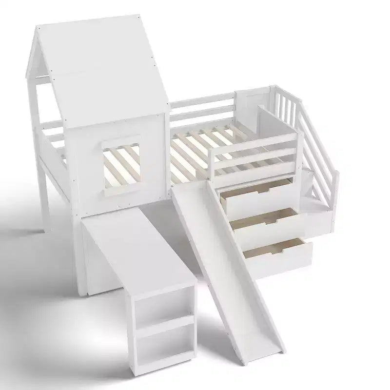 Einzel-Hochbett mit 3 Schubladen und Treppenregal, Hausbett-Gestell aus Holz mit Rutsche und herausziehbarem Schreibtisch
