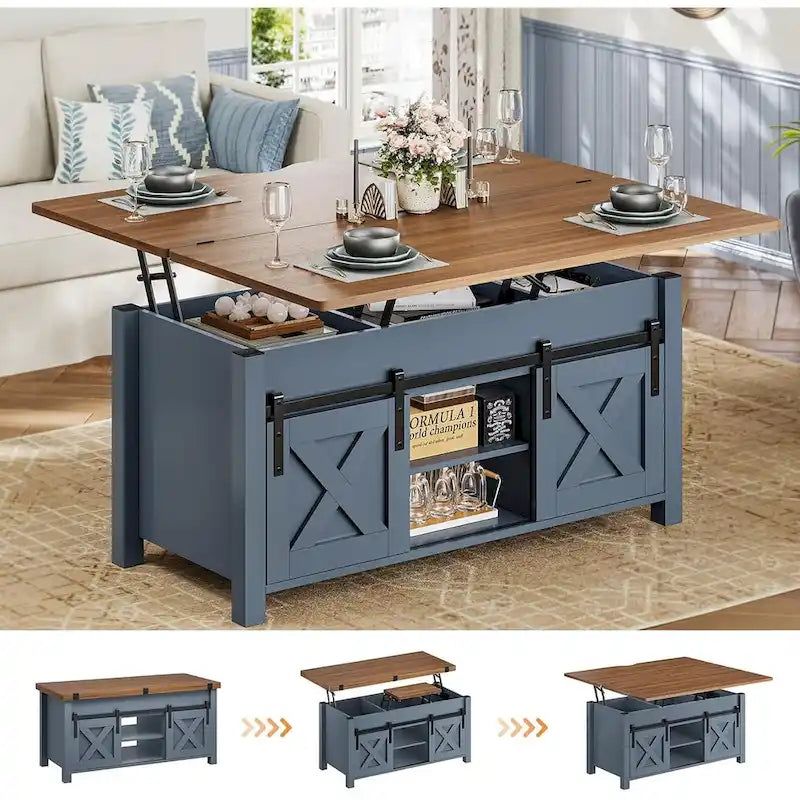 Couchtisch mit Hubplatte, 2 Schiebetüren im Scheunentor-Design und Stauraum, Esstisch