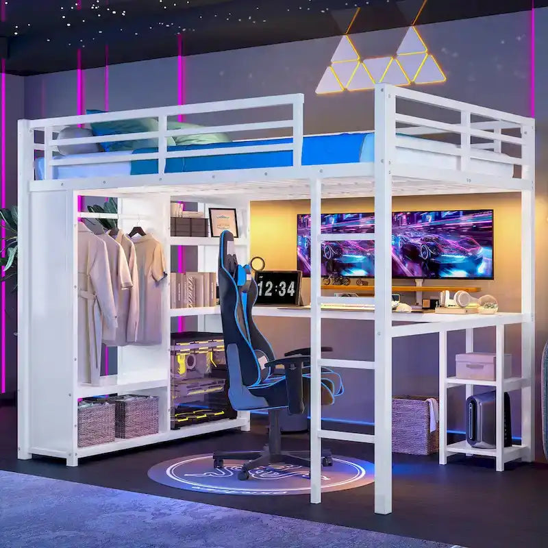 Queensize-Hochbett – Einbauschrank und Schreibtisch, Metallgestell mit Regalen