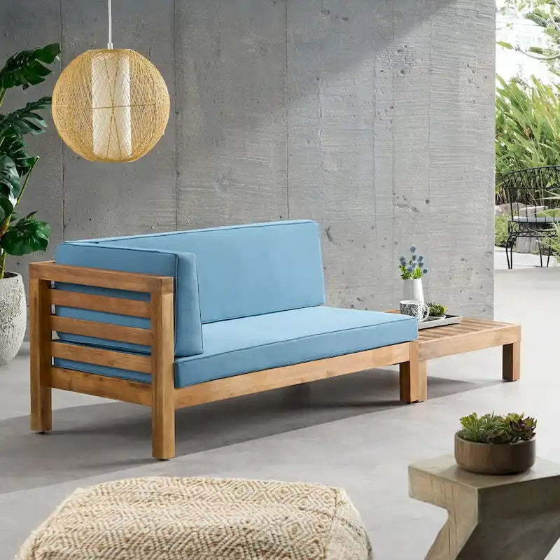 Oana Gartenmöbel-Set aus Akazienholz mit linkem Armteil, bestehend aus 2-Sitzer-Sofa und Couchtisch, inklusive Sitzkissen, von Christopher Knight Home