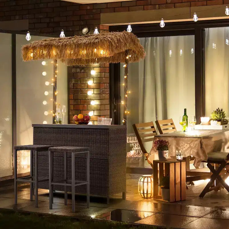 EROMMY Outdoor Tiki-Bar-Set, Rattan-Terrassenbar mit 2 Barhockern, Ablagefach für Hinterhof, Poolbereich und Garten