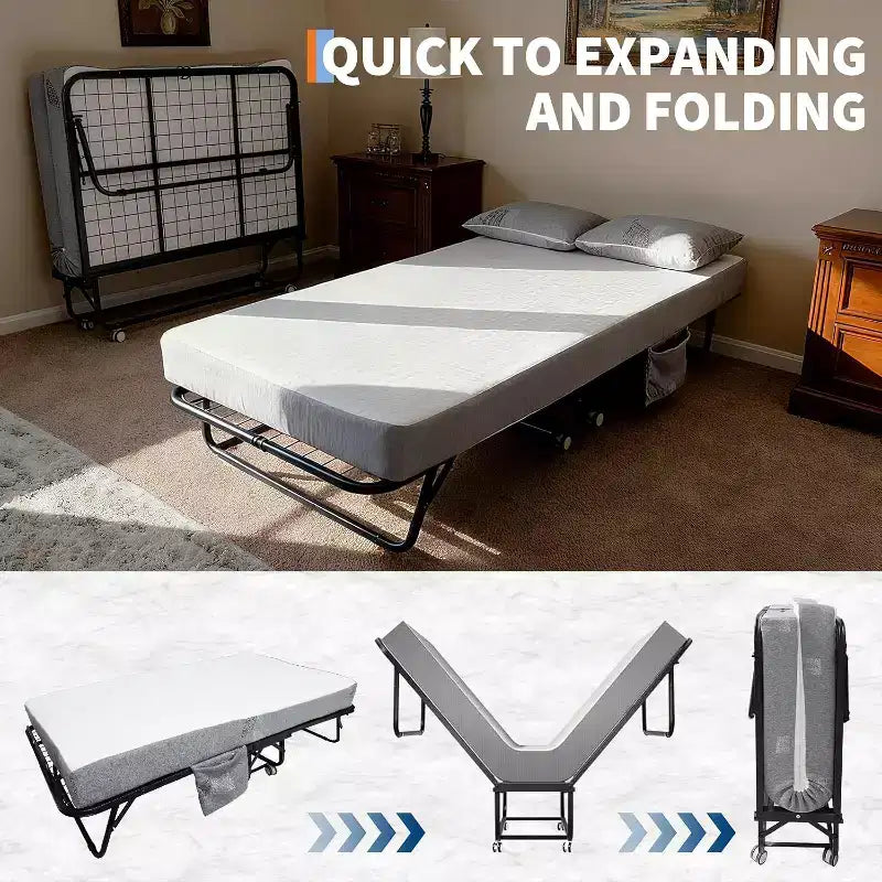 Klappbett mit Matratze für Erwachsene, tragbares Gästebett auf Rollen, faltbares Metallgestell-Bett mit 5-Zoll-Memory-Foam-Matratze und seitlicher Aufbewahrungstasche