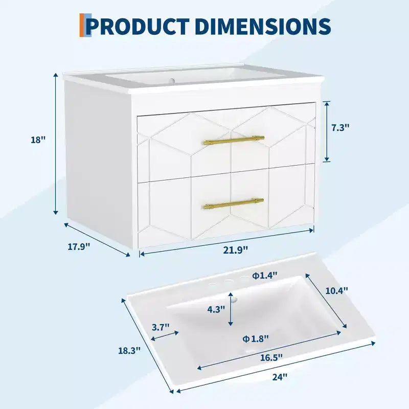 Modernes hängendes Badezimmer-Waschtischset mit Waschbecken – Wandmontierter Unterschrank mit Soft-Close-Schublade und goldenem Griff, Größe 24 oder 30 Zoll