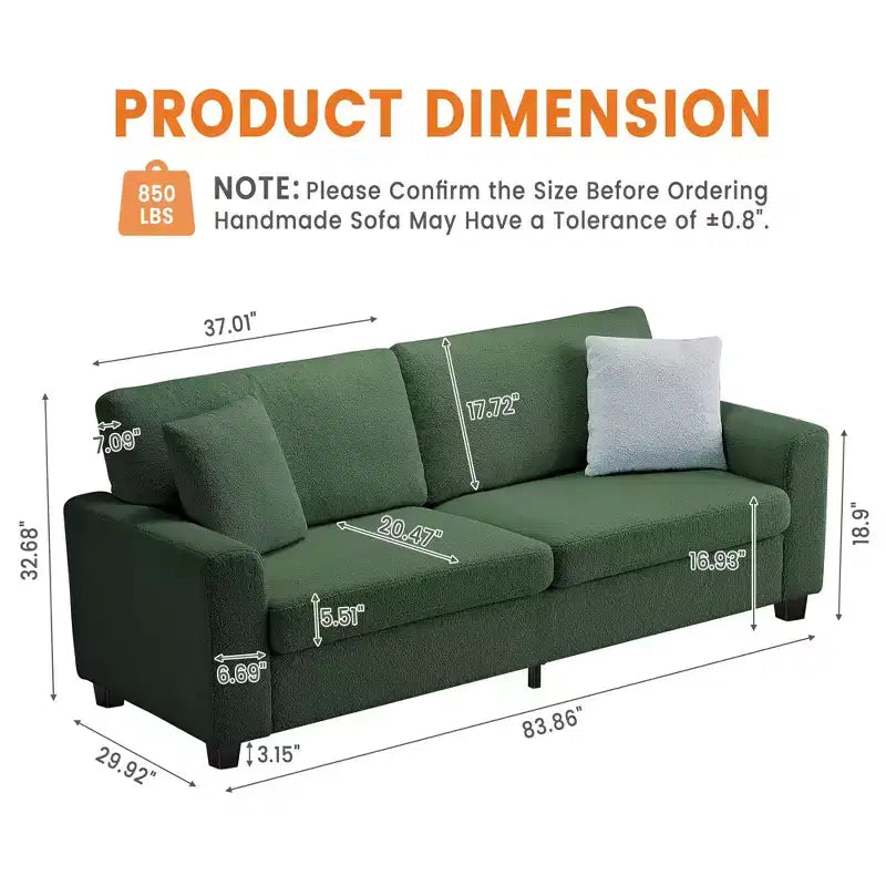 83W Modernes 3-Sitzer-Sofa mit tiefer Sitzfläche, weichem Stoff, breiter Armlehne, abnehmbarem, waschbarem Kissenbezug