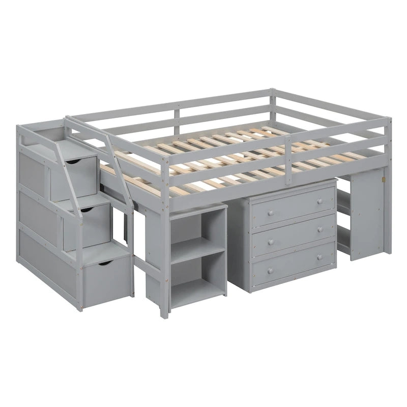 Full-Size-Hochbett mit ausziehbarem Schreibtisch und 3 Schubladen, Hochbett aus Holz mit Treppe mit Stauraum und Regalen
