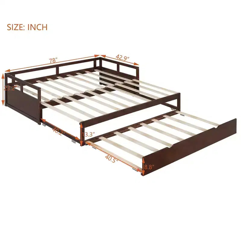 Okak Twin Size ausziehbares Design-Tagesbett mit Bettkasten/Schubladen & Sicherheitsgitter, Massivholz-Plattformbettgestell für Teenager, Erwachsene