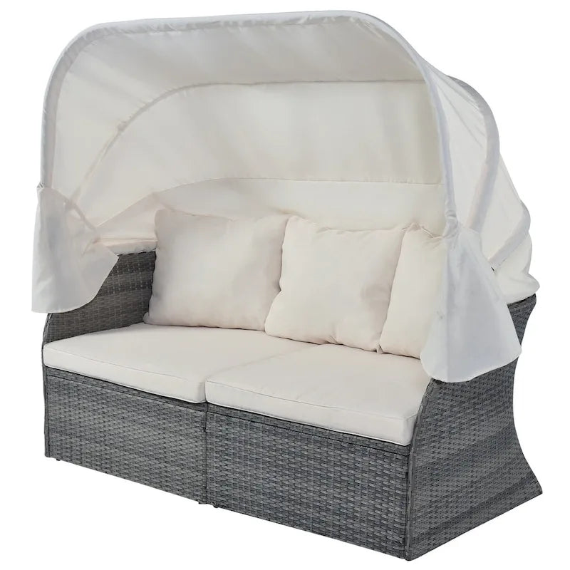 Graues Outdoor-Tagesbett aus Korbgeflecht mit Polstern und ausziehbarem Sonnendach