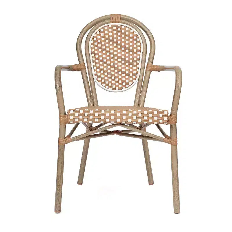 Flash Furniture 4er-Set Lourdes Indoor/Outdoor Gastro-Bistro-Stapelstuhl mit Armlehnen im Thonet-Stil, PE-Rattan und Aluminiumgestell