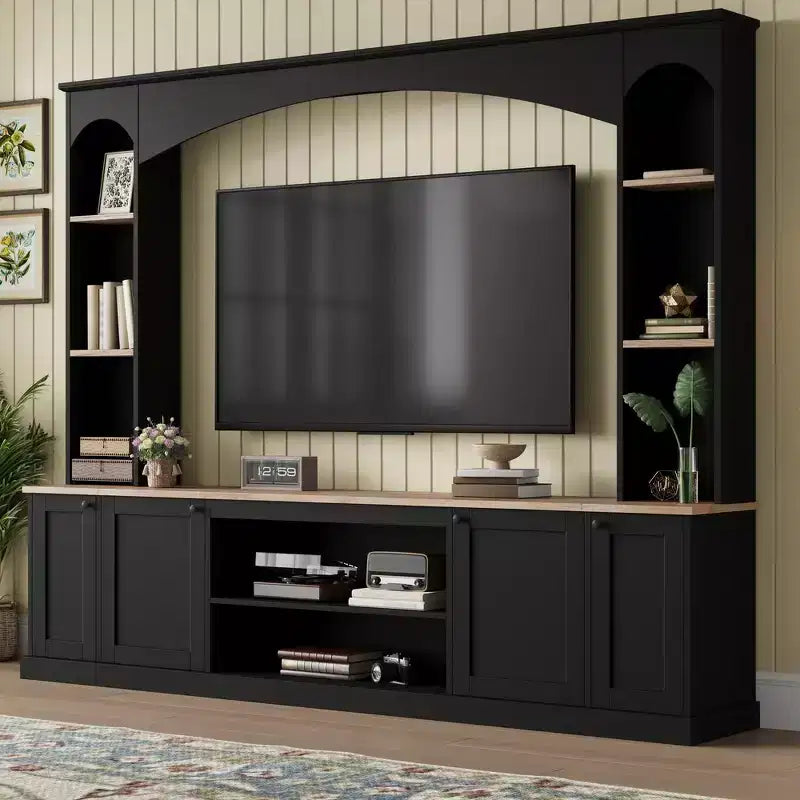 Whisen 91 Medienkonsole, gewölbte Entertainment-Center-Wandkombination im Landhausstil mit Bücherregal, Holzmaserung, für Fernseher bis zu 70 Zoll