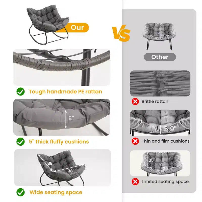Heynemo Terrassen-Schaukelstuhl mit Hocker, Eiformiger Schaukelstuhl für drinnen und draußen mit Kissen, Überdimensionaler Papasan-Loungesessel aus Metall, Lesesessel