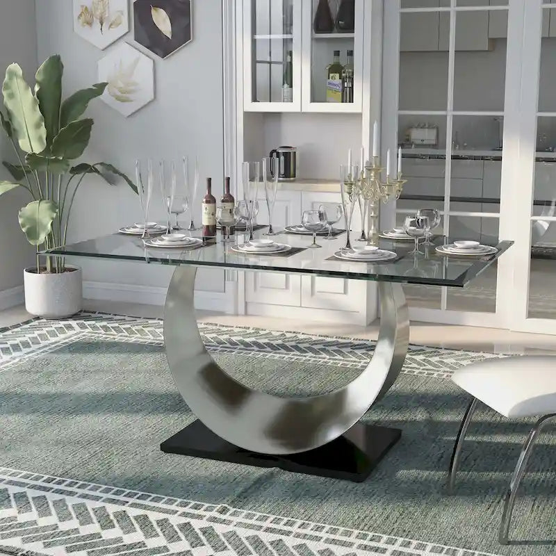 Heer Modern 7-teiliges Esszimmer-Set aus schwarzem Stahl mit U-förmigem Sockel von Furniture of America