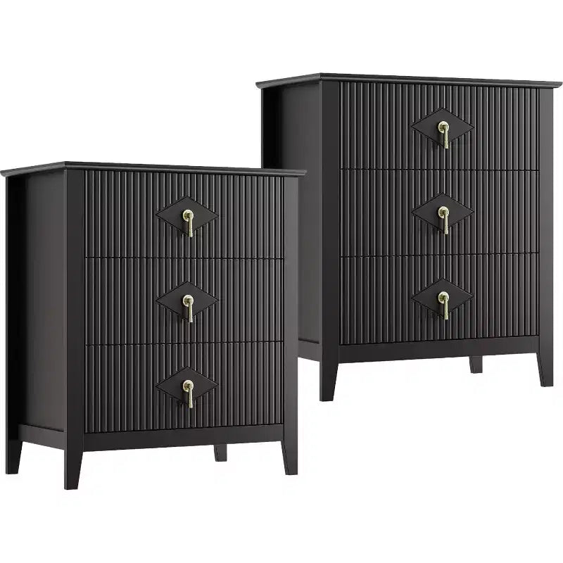2 Stück geriffelte Holz-Nachttische, 27,5 breit, 3-Schubladen-Kommoden-Set, moderne Beistelltische, Schubladenschrank für Schlafzimmer und Wohnzimmer