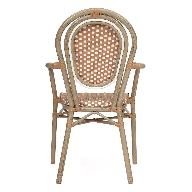 Flash Furniture 4er-Set Lourdes Indoor/Outdoor Gastro-Bistro-Stapelstuhl mit Armlehnen im Thonet-Stil, PE-Rattan und Aluminiumgestell
