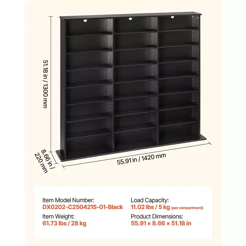 VEVOR Medienregal, 8-stöckiger DVD-Organizer, 55,91 x 8,66 x 51,18 Zoll Multimedia-Aufbewahrungsorganizer für CDs, DVDs, Bücher & Spiele, Schwarz
