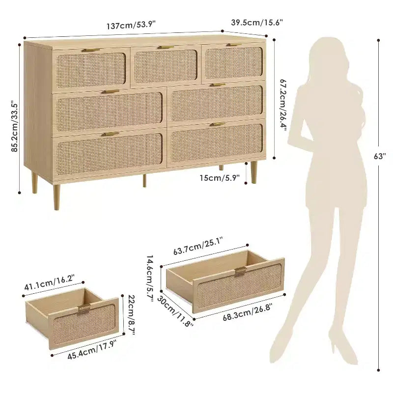 Rattan Kommode mit 7 Schubladen für das Schlafzimmer, hoher Schrank mit tiefen Schubladen, große Kommode für den Kleiderschrank mit breiter Ablagefläche, Holzkommode für das Wohnzimmer