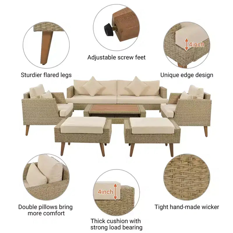 Whisen 6-teiliges Allwetter-PE-Geflecht-Sofaset, Outdoor-Rattan-Sofa mit Doppelkissen