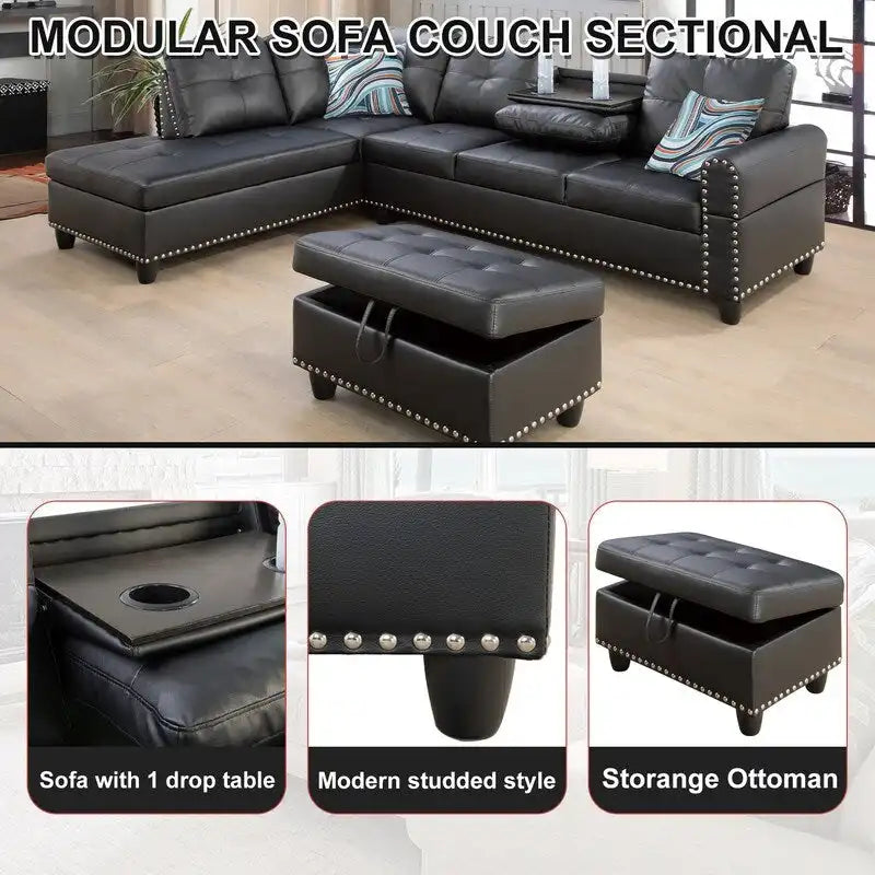 Modernes 3-teiliges Sofa-Set aus schwarzem Kunstleder: Elegantes Design für Wohnzimmer