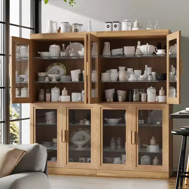 62 Zoll Dekorativer Aufbewahrungsschrank mit schwarzer Glastür und Holzmaserung, Vitrine mit ausreichend Platz für 12 Regalböden