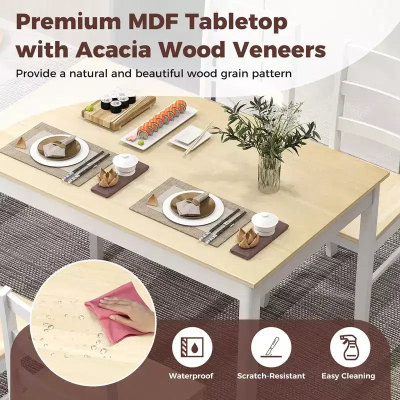 Costway 5-teiliges Esszimmer-Set Massivholz Küchenmöbel mit rechteckigem Tisch & 4 Stühlen Natur/Kaffee/Grau