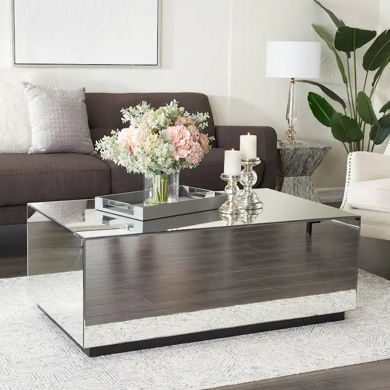 Rechteckiger Couchtisch aus Spiegelglas mit erhöhtem Gestell – Silber – Roche River Decor – 28Bx47Lx18H