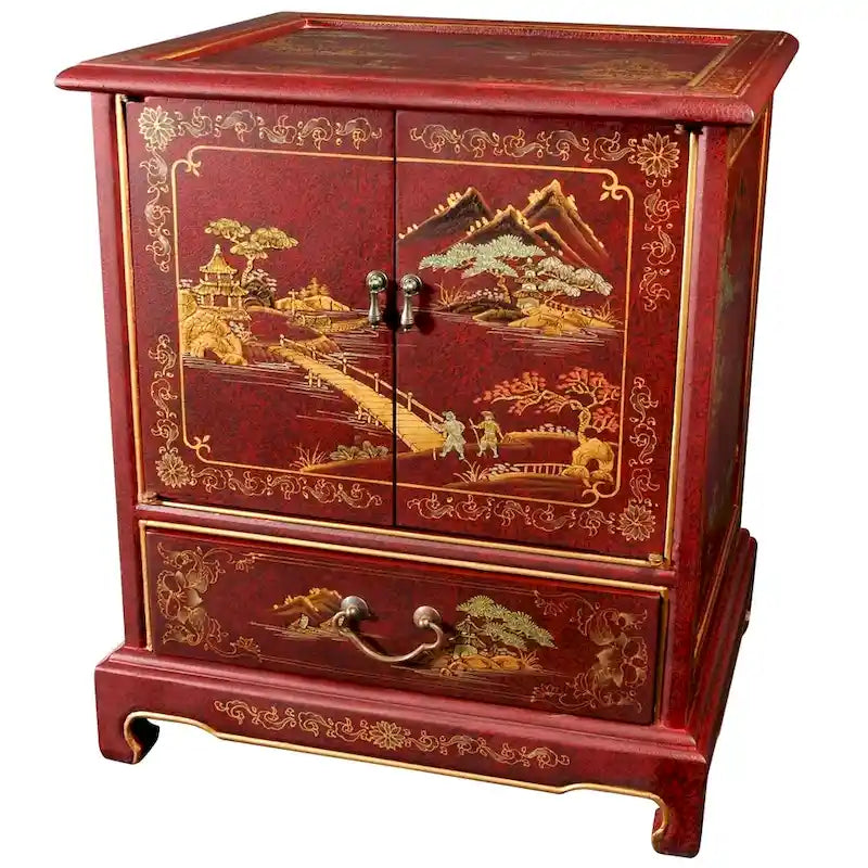 Handgefertigter Beistelltisch mit lackierter chinesischer Landschaftsmalerei im Vintage-Stil – 20,00 B x 16,00 T x 24,50 H