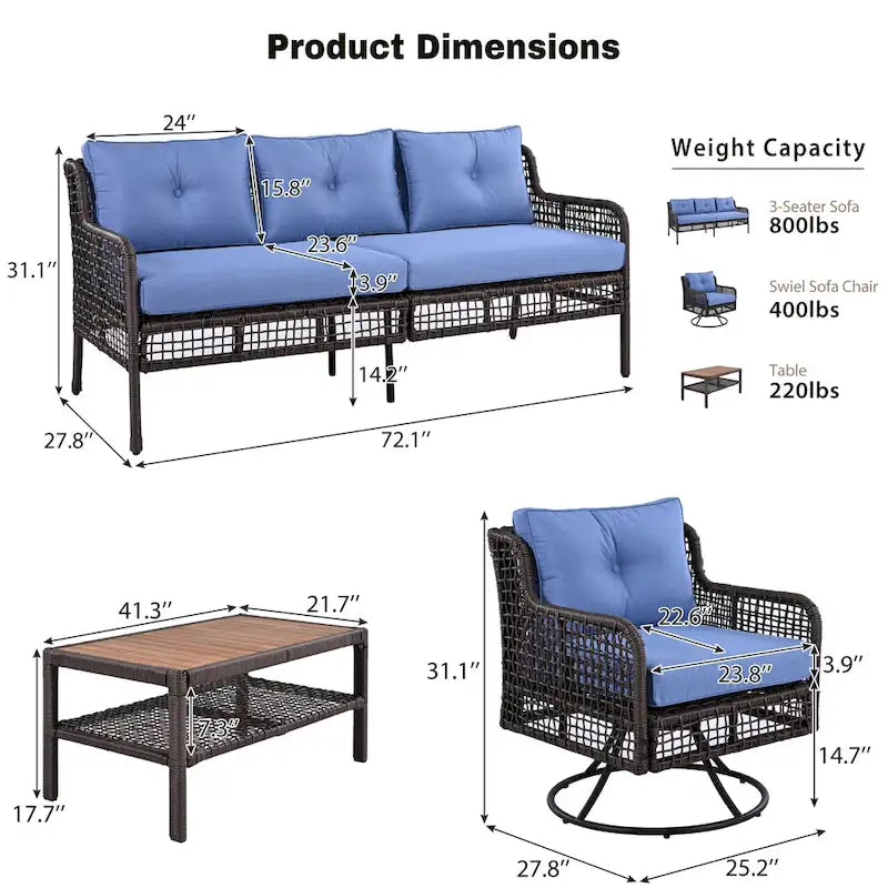 4-teiliges Outdoor-Rattangarniture-Set mit Drehstühlen und Couchtisch
