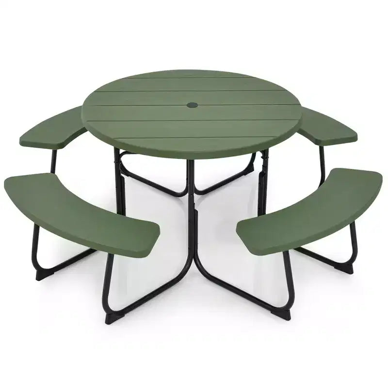 Costway Outdoor 8-Personen-Rund-Picknicktisch-Bank-Set mit 4 Bänken & Sonnenschirmloch Schwarz/Grau/Grün/Weiß