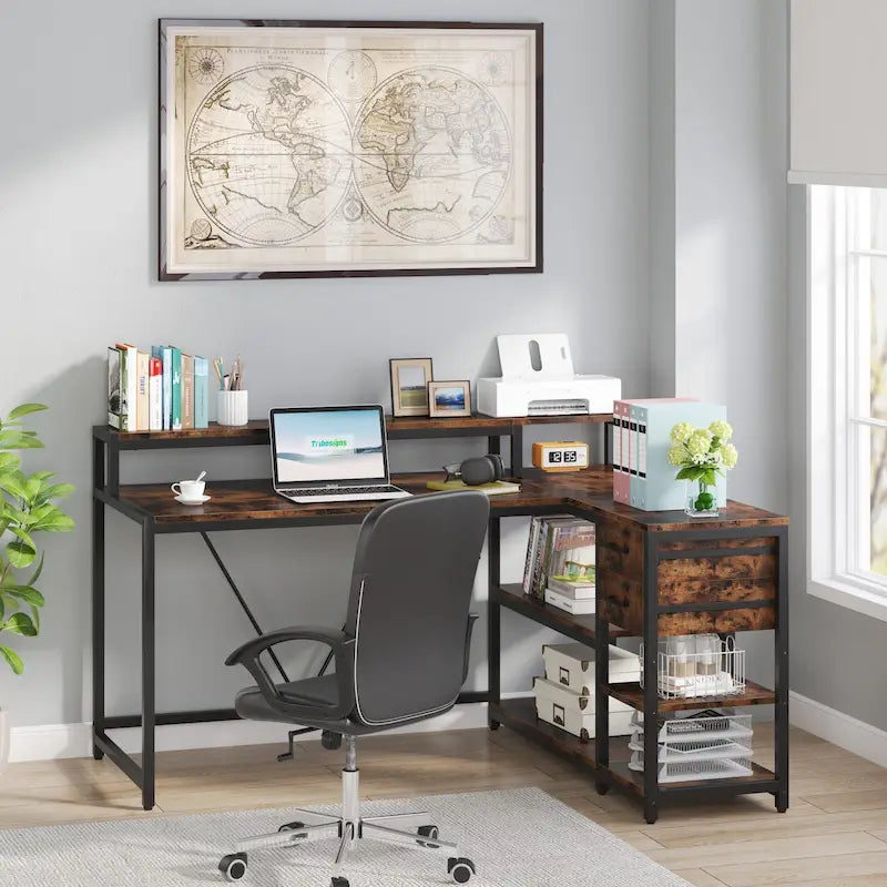 L-förmiger Schreibtisch mit Schublade, Eckschreibtisch für das Home-Office mit Ablagefächern und Monitorständer, rustikaler PC-Tisch für kleine Räume