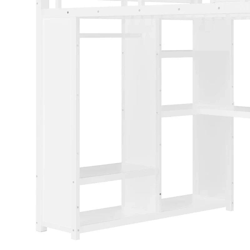 Queensize-Hochbett – Einbauschrank und Schreibtisch, Metallgestell mit Regalen
